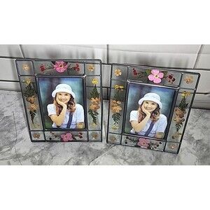 2 Vintage Leaded Glass Picture Frames  For 3.5" x 5" Photos  Pressed Flowers